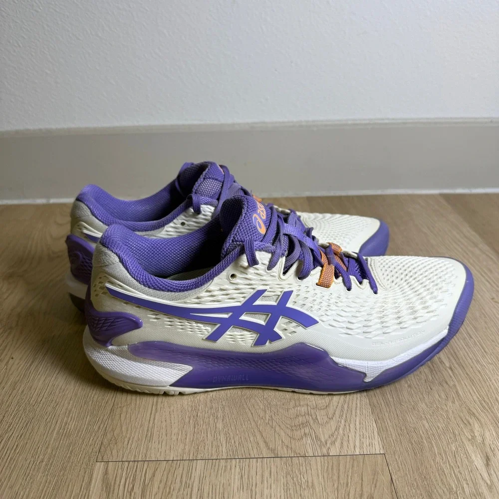 ASICS‎ Gel Resolution 9 Wide Womens Size 10 Cream Purple Tennis Shoes 1042A226